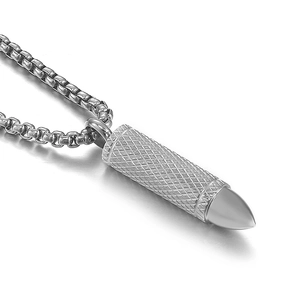 Polished silver titanium steel bullet pendant necklace with mesh texture on white background
