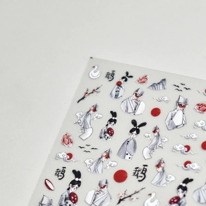 Detail view of Japanese dark style nail art stickers with ink wash fox and scholar motifs