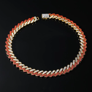 Detail view of 15mm Cuban chain with alternating red and clear rectangular rhinestones