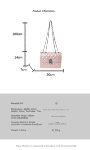 Detailed size chart for pink quilted PU leather chain bag with precise dimensions