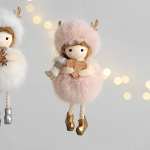 Pink and white plush angel girl ornaments with wooden antlers for Christmas tree decor