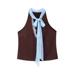 Haut licou sans manches marron pour femme avec détails en dentelle bleu clair sur fond blanc