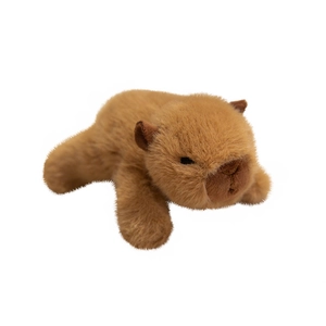 Cute brown plush capybara fridge magnet toy in a flat lying position with closed eyes