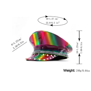 Detailed dimension chart showing size and weight for the holographic rivet captain hat