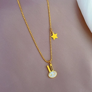 Minimalist gold titanium steel rabbit pendant necklace with mother of pearl and star charm