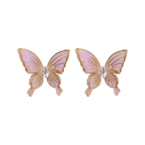 Pink gradient butterfly stud earrings with marquise cubic zirconia and gold edges