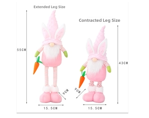 Size chart showing Easter gnome with adjustable legs from 43cm to 55cm high