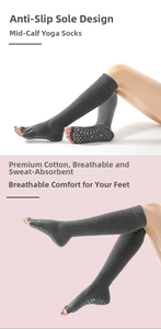 Detail of grey toeless yoga socks with anti-slip silicone grips and breathable cotton knit