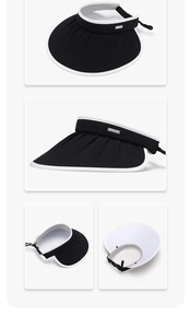 Detail of UV protection sun hat showing pleated brim, adjustable cord, and metal logo