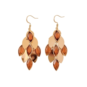 Bohemian gold-plated drop earrings with amber glass teardrops and metallic leaf accents