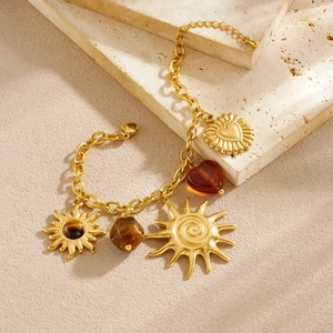Gold vintage sun heart tiger eye bead charm bracelet in luxury stainless steel finish