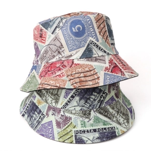 Detail shot of vintage stamp print fisherman hat with durable double-sided fabric design