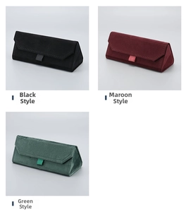 Three-color triangular folding eyewear cases in black, burgundy, and green matte plush