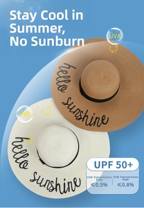 Detailed view of straw sun hats with UPF 50 plus protection and sunshine embroidery