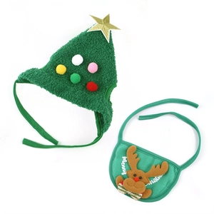 Christmas pet costume set with green tree hat and reindeer bib for dogs and cats