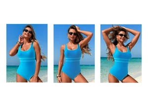 Détail d'un maillot de bain bleu roi avec rayures à la taille sur une plage ensoleillée