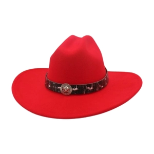 Detailed view of red wool felt cowboy hat featuring silver lion head emblem and patterned band
