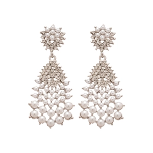 Elegant silver teardrop earrings with crystals and pearls on white background