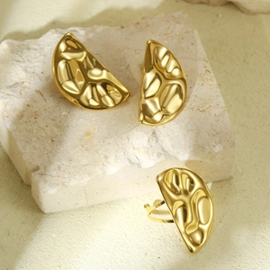 Stainless Steel Hammered Semi-Circle Stud Earrings and Adjustable Ring Set For Women Gold Plated Folded Geometric Jewelry
