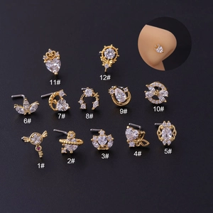 Zircon Inlaid Copper Nose Studs With Stainless Steel Post Heart Crown Moon Body Piercing Jewelry For Women Elegant Style