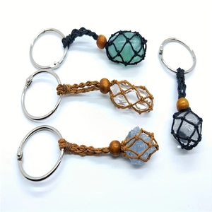 Handmade Woven Mesh Pouch Keychain Crystal Stone Holder With Wood Bead And Alloy Ring Bohemian Style DIY Pendant Accessory