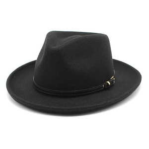 Classic black felt fedora hat with elegant leather band and gold buckle on white background