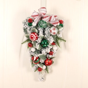 Christmas Teardrop Swag Flocking Pine Needle Hanging Door Wreath Decorative Balls Ribbon Bow Festive Holiday Home Decor