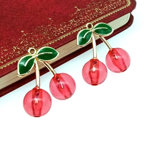 DIY red cherry charms with green leaves on gold metal for jewelry making and earrings