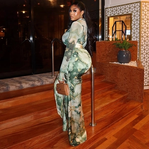 Slim fit long sleeve dress set with green marble print on an elegant indoor background