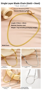 Detail of 3mm gold and silver snake bone chain with PVD 18K gold plating on stainless steel