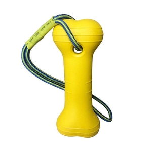 Detail of yellow bone dog toy with durable blue and green braided rope handle