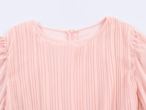 Detailed view of pink pleated chiffon dress featuring round neckline and sleeve texture