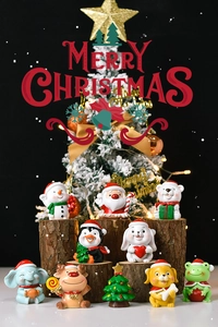 Detailed set of 10 miniature resin Christmas figurines on rustic wooden stands