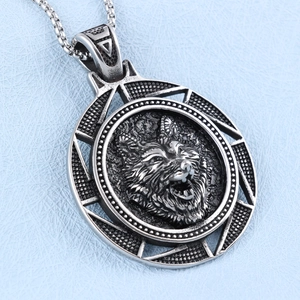 Mythical wolf head embossed pendant necklace in antique silver for men with link chain