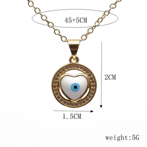 Detailed size chart for gold heart evil eye pendant necklace with pearl and zircon inlay
