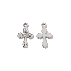 Front and back macro view of mirror polished silver cross pendant with floral engraving