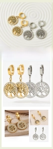 Foto macro de los pendientes del árbol de la vida en acero titanio con acabado oro y plata