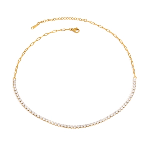 Detail of 18k gold plated tennis chain and paperclip link necklace with lobster clasp