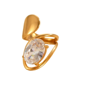 Detail view of oval cut cubic zirconia stone and gold plated irregular ring band