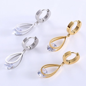 Chic stainless steel teardrop hoop earrings with cubic zirconia in gold and silver