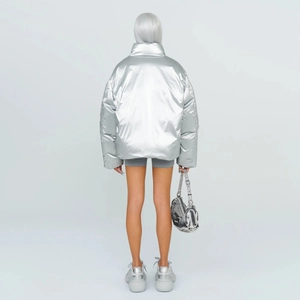 Silver metallic puffer jacket with oversized silhouette and white duck down filling