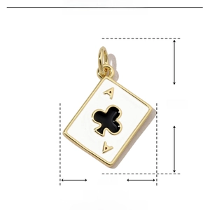 Detail view of Ace of Clubs poker card charm in copper and enamel with size specs