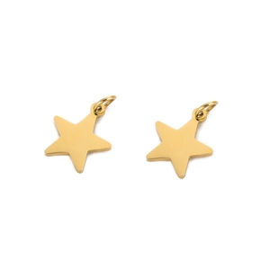 Detailed view of two gold stainless steel star pendants with polished metal finish