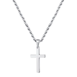 Detailed close-up of a silver polished stainless steel cross pendant with twisted rope chain