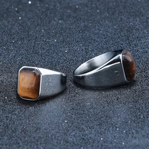 Men Stainless Steel Ring Rectangular Tiger Eye Stone Retro Signet Style Fashion Vintage Jewelry Band For Male