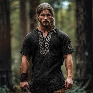 Men's Viking style short sleeve shirt in charcoal grey with Celtic embroidery in forest