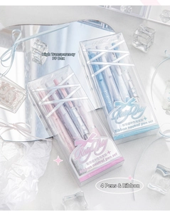 Detail view of the clear PP case and 4-piece ballet ribbon style gel pen sets