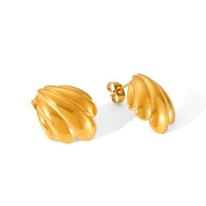 Detail of elegant 18K gold plated stainless steel seashell earrings on white background