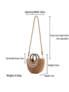 Minimalist straw handbag with natural shell detail showing dimensions and size parameters