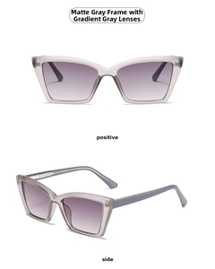Front and side view of matte gray square sunglasses with gradient purple lenses